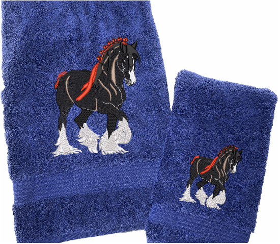 Blue Bath towel and hand towel , Clydesdale design is the perfect design for the western living family, that likes a team of horses for pulling a wagon, that farmhouse decor. This Luxury western theme towel is part od a set of 3 towels 1 bath towel 27" x 55", 1 hand towel 16" x 27", 1 wash cloth 13" x 13". Personalize the bath towel with a name or design - Borgmanns Creations