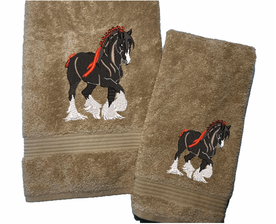 Beige bath towel and hand towel, Clydesdale design is the perfect design for the western loving family, that likes a team of horses for pulling a wagon, that farmhouse decor. This Luxury western theme towel set of 3 towels 1 bath towel 27" x 55", 1 hand towel 16" x 27" 1 wash cloth 13" x 13" You can personalize the bath towel with a name and an initial on the washcloth or just the design- Borgmanns Creations