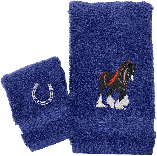 Blue hand towel and washcloth , Clydesdale design is the perfect design for the western living family, that likes a team of horses for pulling a wagon, that farmhouse decor. This Luxury western theme towel is part od a set of 3 towels 1 bath towel 27" x 55", 1 hand towel 16" x 27", 1 wash cloth 13" x 13". Personalize the bath towel with a name or design - Borgmanns Creations