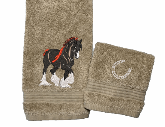 Beige hand towel and washcloth , Clydesdale design is the perfect design for the western loving family, that likes a team of horses for pulling a wagon, that farmhouse decor. This Luxury western theme towel set of 3 towels 1 bath towel 27" x 55", 1 hand towel 16" x 27" 1 wash cloth 13" x 13" You can personalize the bath towel with a name and an initial on the washcloth or just the design- Borgmanns Creations