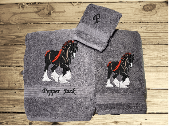 Gray bath towel set or individual towels, Clydesdale design is the perfect design for the western farmhouse family, that has a team of horses for pulling a wagon. This Luxury western towel set of 3,  1 bath towel 27" x 55", 1 hand towel 15" x 28", 1 wash cloth 13" x 13". You can personalize with a name and an initial  Borgmanns Creations 2