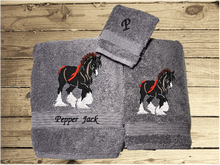 Load image into Gallery viewer, Gray bath towel set or individual towels, Clydesdale design is the perfect design for the western farmhouse family, that has a team of horses for pulling a wagon. This Luxury western towel set of 3,  1 bath towel 27&quot; x 55&quot;, 1 hand towel 15&quot; x 28&quot;, 1 wash cloth 13&quot; x 13&quot;. You can personalize with a name and an initial  Borgmanns Creations 2
