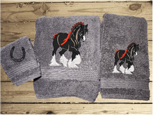 Load image into Gallery viewer, Gray bath towel set or individual towels, Clydesdale design is the perfect design for the western farmhouse family, that has a team of horses for pulling a wagon. This Luxury western towel set of 3,  1 bath towel 27&quot; x 55&quot;, 1 hand towel 15&quot; x 28&quot;, 1 wash cloth 13&quot; x 13&quot;. You can personalize with a name and an initial  Borgmanns Creations 1
