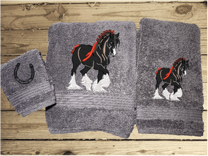 Gray bath towel set or individual towels, Clydesdale design is the perfect design for the western farmhouse family, that has a team of horses for pulling a wagon. This Luxury western towel set of 3,  1 bath towel 27" x 55", 1 hand towel 15" x 28", 1 wash cloth 13" x 13". You can personalize with a name and an initial  Borgmanns Creations 1