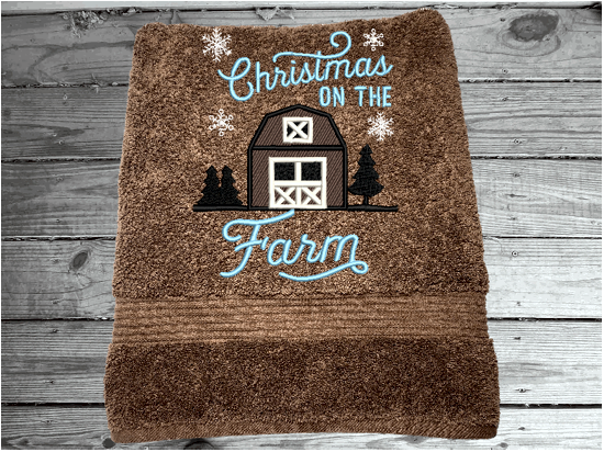 Christmas Barn - Embroidered Brown Bath Towels