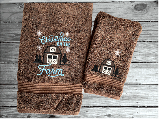 Christmas Barn - Embroidered Brown Bath Towels