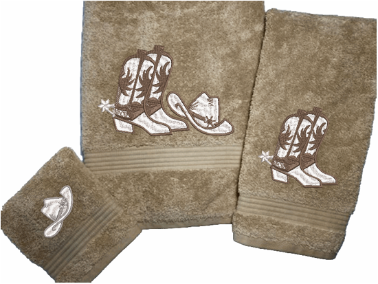 High Quality Luxury Turkish Towels durable soft and absorbent, finished edges with a decorative band. Set has 1 bath towel 27" x 55", 1 hand towel 16" x 27", 1 washcloth 13" x 13". Embroidered with cowboy hat and boots design. You can personalize the bath towel with a name and an initial on the washcloth or just the designs. These luxury towels will make a wonderful wedding gift, housewarming gift, or for your own bathroom decor. Borgmanns Creations