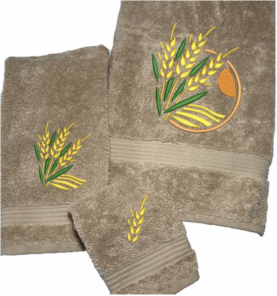 High Quality Luxury Turkish Towels durable soft and absorbent, finished edges with a decorative band. Set has 1 bath towel 27" x 55", 1 hand towel 16" x 27", 1 washcloth 13" x 13". Embroidered with a custom design. You can personalize the towel set with a name and an initial on the washcloth or just the designs. These luxury towels will make a wonderful wedding gift, housewarming gift, or for your own bathroom decor. Borgmanns Creations