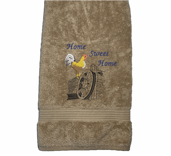 High Quality Luxury beige bath towels durable soft and absorbent, finished edges with a decorative band. Set has 1 bath towel 27" x 50", 1 hand towel 16" x 27", 1 washcloth 13" x 13". Embroidered with a custom design. You can personalize the towel set with a name and an initial on the washcloth or just the designs. These luxury towels will make a wonderful wedding gift, housewarming gift, or for your own bathroom decor.. Borgmanns Creations