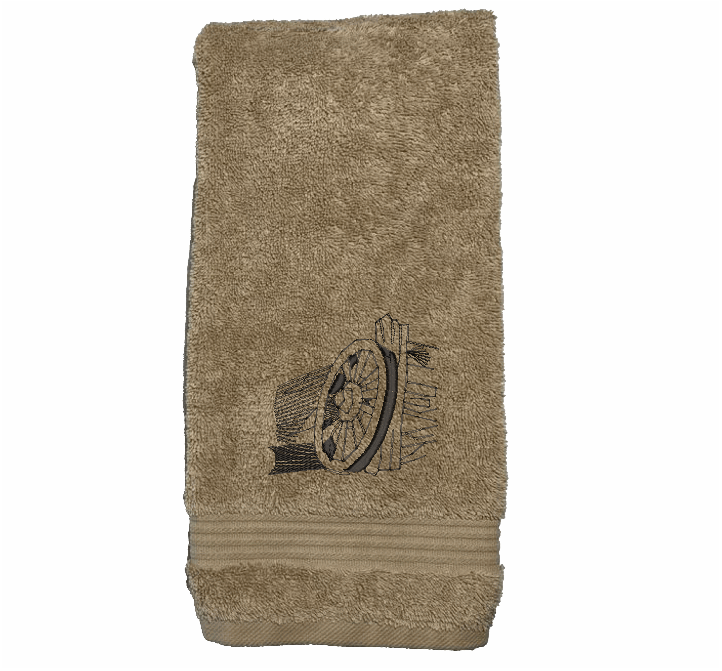 High Quality Luxury beige towel durable soft and absorbent, finished edges with a decorative band. Set has 1 bath towel 27" x 50", 1 hand towel 16" x 27", 1 washcloth 13" x 13". Embroidered with a custom design. You can personalize the towel set with a name and an initial on the washcloth or just the designs. These luxury towels will make a wonderful wedding gift, housewarming gift, or for your own bathroom decor.. Borgmanns Creations