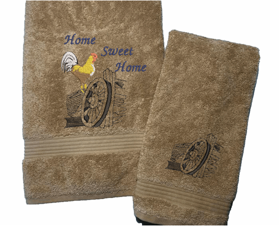 High Quality Luxury beige bath ans hand towels durable soft and absorbent, finished edges with a decorative band. Set has 1 bath towel 27" x 50", 1 hand towel 16" x 27", 1 washcloth 13" x 13". Embroidered with a custom design. You can personalize the towel set with a name and an initial on the washcloth or just the designs. These luxury towels will make a wonderful wedding gift, housewarming gift, or for your own bathroom decor.. Borgmanns Creations