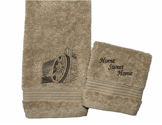 High Quality Luxury beige hand towels and washcloth durable soft and absorbent, finished edges with a decorative band. Set has 1 bath towel 27" x 50", 1 hand towel 16" x 27", 1 washcloth 13" x 13". Embroidered with a custom design. You can personalize the towel set with a name and an initial on the washcloth or just the designs. These luxury towels will make a wonderful wedding gift, housewarming gift, or for your own bathroom decor.. Borgmanns Creations