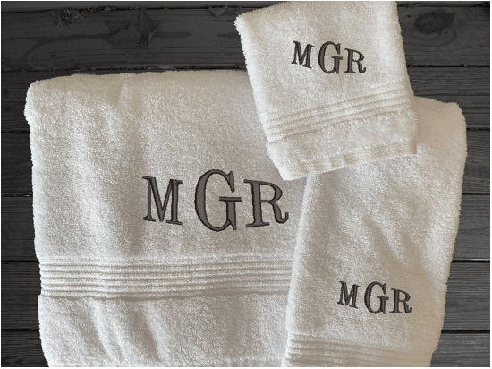 Personalized luxury soft and absorbent white bath towel individually or as a set, has 3 towels 1 bath towel 27" x 50", 1 hand towel 16" x 27" ,1 wash cloth 13" x 13". You can personalize the towel individually or as a set with 3 embroidered initial for that special wedding gift, anniversary gift or home decor housewarming gift. - Borgmanns Creations 