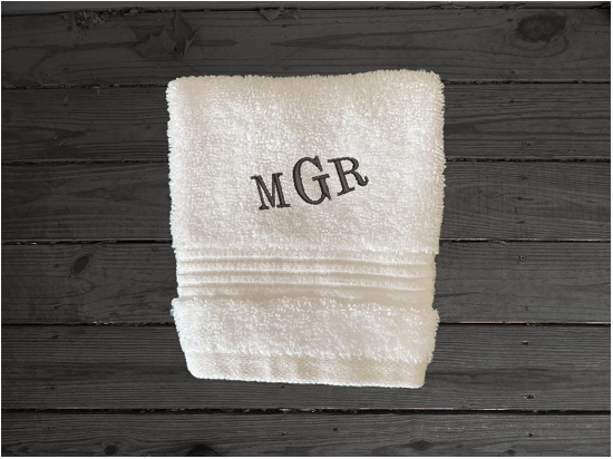 Personalized luxury soft and absorbent white washcloth, has 3 towels 1 bath towel 27" x 50", 1 hand towel 16" x 27" ,1 wash cloth 13" x 13". You can personalize the towel individually or as a set with 3 embroidered initial for that special wedding gift, anniversary gift or home decor housewarming gift. - Borgmanns Creations 