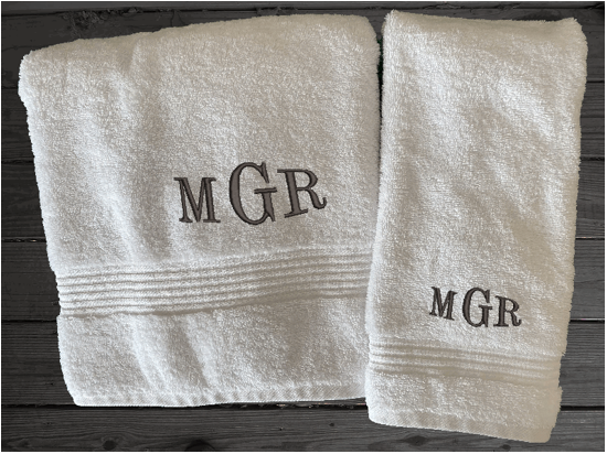 Personalized luxury soft and absorbent white bath towel and hand towel, has 3 towels 1 bath towel 27" x 50", 1 hand towel 16" x 27" ,1 wash cloth 13" x 13". You can personalize the towel individually or as a set with 3 embroidered initial for that special wedding gift, anniversary gift or home decor housewarming gift. - Borgmanns Creations 