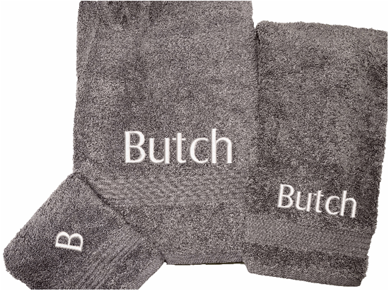 High Quality Luxury Turkish Gray Towels durable soft and absorbent, finished edges with a decorative band. Set has 1 bath towel 27" x 50", 1 hand towel 15" x 27", 1 washcloth 13" x 13. Embroidered with a name. You can personalize the towel set with a name and an initial on the washcloth . These luxury towels will make a wonderful wedding gift, housewarming gift, or for your own bathroom decor. Borgmanns Creations