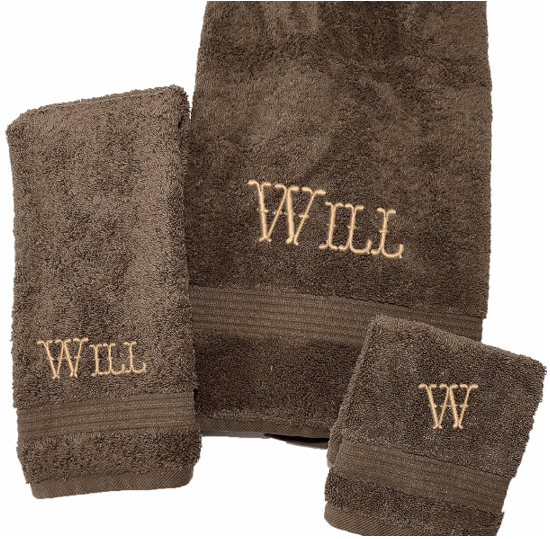High Quality Luxury Turkish Brown Towels durable soft and absorbent, finished edges with a decorative band. Set has 1 bath towel 27 x50", 1 hand towel 15" x 27", 1 washcloth 13" x 13. Embroidered with a custom name,  an initial on the washcloth. These luxury towels will make a wonderful wedding gift, housewarming gift, or for your own bathroom decor. Borgmanns Creations