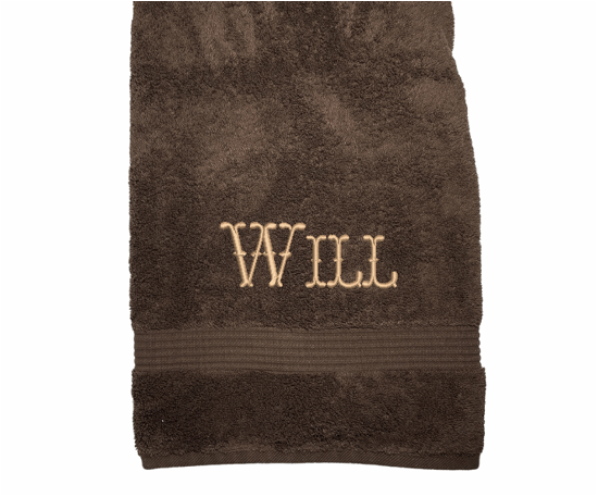 High Quality Luxury Turkish Brown bath towel, durable soft and absorbent, finished edges with a decorative band. Set has 1 bath towel 27 x50", 1 hand towel 15" x 27", 1 washcloth 13" x 13. Embroidered with a custom name,  an initial on the washcloth. These luxury towels will make a wonderful wedding gift, housewarming gift, or for your own bathroom decor. Borgmanns Creations