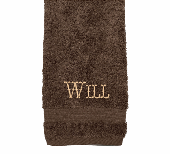 High Quality Luxury Turkish Brown hand towel, durable soft and absorbent, finished edges with a decorative band. Set has 1 bath towel 27 x50", 1 hand towel 15" x 27", 1 washcloth 13" x 13. Embroidered with a custom name,  an initial on the washcloth. These luxury towels will make a wonderful wedding gift, housewarming gift, or for your own bathroom decor. Borgmanns Creations