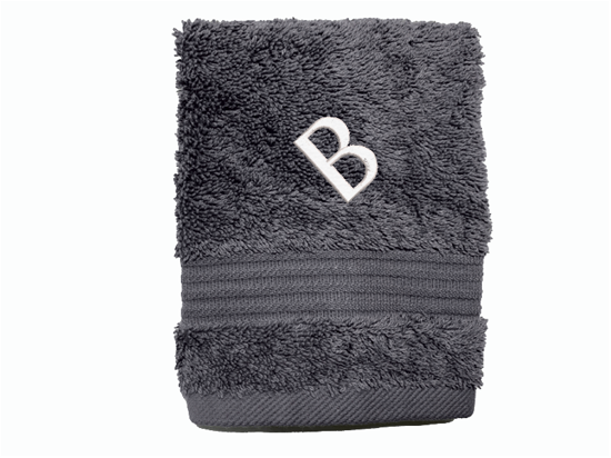 High Quality Luxury Turkish Gray washcloth, durable soft and absorbent, finished edges with a decorative band. Set has 1 bath towel 27" x 50", 1 hand towel 15" x 27", 1 washcloth 13" x 13. Embroidered with a name. You can personalize the towel set with a name and an initial on the washcloth . These luxury towels will make a wonderful wedding gift, housewarming gift, or for your own bathroom decor. Borgmanns Creations