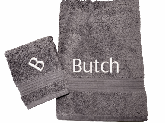 High Quality Luxury Turkish Gray bath towel and washcloth, durable soft and absorbent, finished edges with a decorative band. Set has 1 bath towel 27" x 50", 1 hand towel 15" x 27", 1 washcloth 13" x 13. Embroidered with a name. You can personalize the towel set with a name and an initial on the washcloth . These luxury towels will make a wonderful wedding gift, housewarming gift, or for your own bathroom decor. Borgmanns Creations