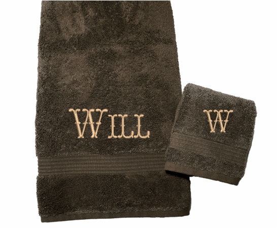 High Quality Luxury Turkish Brown bath and washcloth, durable soft and absorbent, finished edges with a decorative band. Set has 1 bath towel 27 x50", 1 hand towel 15" x 27", 1 washcloth 13" x 13. Embroidered with a custom name,  an initial on the washcloth. These luxury towels will make a wonderful wedding gift, housewarming gift, or for your own bathroom decor. Borgmanns Creations