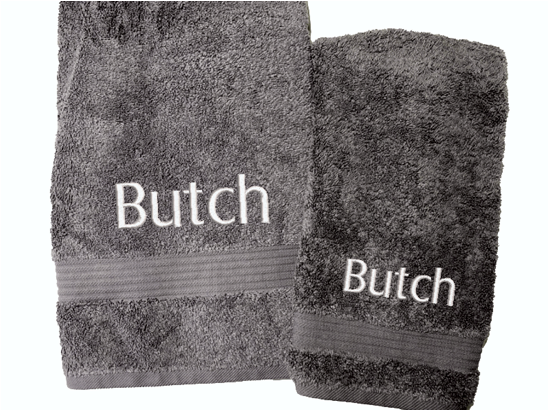 High Quality Luxury Turkish Gray bath and hand towels, durable soft and absorbent, finished edges with a decorative band. Set has 1 bath towel 27" x 50", 1 hand towel 15" x 27", 1 washcloth 13" x 13. Embroidered with a name. You can personalize the towel set with a name and an initial on the washcloth . These luxury towels will make a wonderful wedding gift, housewarming gift, or for your own bathroom decor. Borgmanns Creations