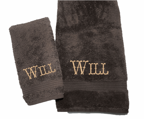 High Quality Luxury Turkish Brown bath and hand towels, durable soft and absorbent, finished edges with a decorative band. Set has 1 bath towel 27 x50", 1 hand towel 15" x 27", 1 washcloth 13" x 13. Embroidered with a custom name,  an initial on the washcloth. These luxury towels will make a wonderful wedding gift, housewarming gift, or for your own bathroom decor. Borgmanns Creations