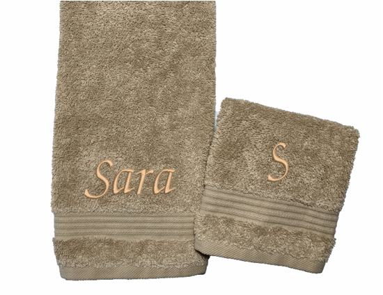 Personalized luxury beige hand towel and waashcloth, set has 3 towels 1 bath towel 27" x 50", 1 hand towel 15: x 27", 1 wash cloth 13" x 13. You can personalize the towel set with embroidered name for that special wedding gift or housewarming gift. Borgmanns Creations