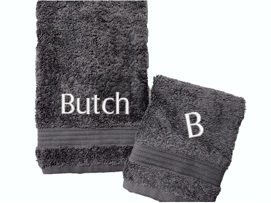 High Quality Luxury Turkish Gray bath and washcloth, durable soft and absorbent, finished edges with a decorative band. Set has 1 bath towel 27" x 50", 1 hand towel 15" x 27", 1 washcloth 13" x 13. Embroidered with a name. You can personalize the towel set with a name and an initial on the washcloth . These luxury towels will make a wonderful wedding gift, housewarming gift, or for your own bathroom decor. Borgmanns Creations