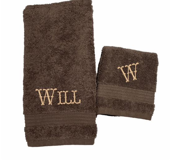 High Quality Luxury Turkish Brown hand towel and washcloth, durable soft and absorbent, finished edges with a decorative band. Set has 1 bath towel 27 x50", 1 hand towel 15" x 27", 1 washcloth 13" x 13. Embroidered with a custom name,  an initial on the washcloth. These luxury towels will make a wonderful wedding gift, housewarming gift, or for your own bathroom decor. Borgmanns Creations