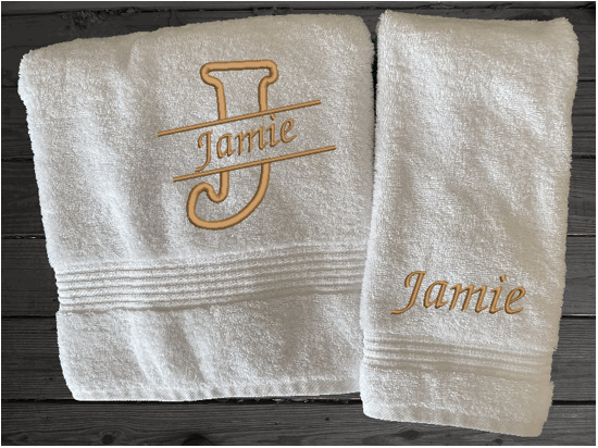 White personalized bath and hand towels with embroidered monogram initial an name. Soft absorbent towels, set is 1 bath towel - 27" x 50", 1  hand towel 16" x 27", 1 wash cloth - 13" x 13", a gift for anyone in the family or a gift for a friend. Monogram towels for that special wedding gift. Borgmanns Creations