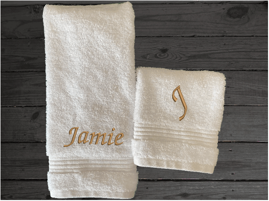 White personalized hand towel and washcloth with embroidered monogram initial an name. Soft absorbent towels, set is 1 bath towel - 27" x 50", 1  hand towel 16" x 27", 1 wash cloth - 13" x 13", a gift for anyone in the family or a gift for a friend. Monogram towels for that special wedding gift. Borgmanns Creations