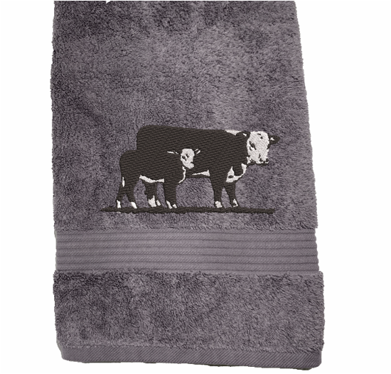 Gray bath towel , Hereford Cow design display with your ranch name embroidered on it. Just the towel set for the western living family, that farmhouse decor. This Luxury towel set of 3 towels 1 bath towel 27" x 50", 1 hand towel 16" x 27", 1 wash cloth 13" x 13". Personalize the towel set with a name and an initial - Borgmanns Creations