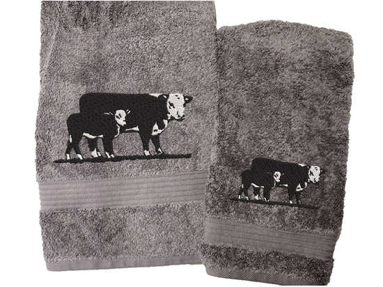 Gray bath towel and hand towel, set or individual towels, Hereford Cow design display with your ranch name embroidered on it. Just the towel set for the western living family, that farmhouse decor. This Luxury towel set of 3 towels 1 bath towel 27" x 50", 1 hand towel 16" x 27", 1 wash cloth 13" x 13". Personalize the towel set with a name and an initial - Borgmanns Creations