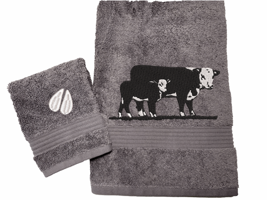Gray bath towel and washcloth set or individual towels, Hereford Cow design display with your ranch name embroidered on it. Just the towel set for the western living family, that farmhouse decor. This Luxury towel set of 3 towels 1 bath towel 27" x 50", 1 hand towel 16" x 27", 1 wash cloth 13" x 13". Personalize the towel set with a name and an initial - Borgmanns Creations