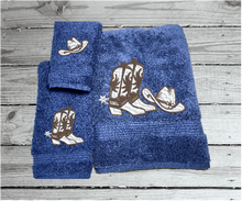 Load image into Gallery viewer, Blue bath towel set or individual towels, cowboy hat and boots is the perfect design for that farmhouse decor. This Luxury Turkish towel set has 3 towels 1 bath towel 27&quot;x55&quot;, 1 hand towel 15&quot;x28&quot;, 1 wash cloth 13&#39;x13&quot;. Personalize the towel set with a name and an initial on the wash cloth or just the designs. Borgmanns Creations -2
