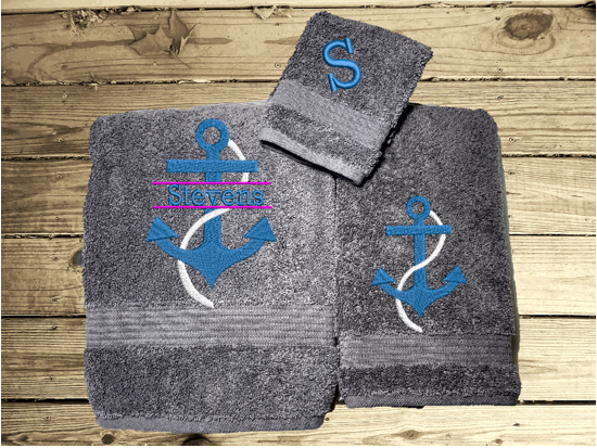 Gray  bath towel set or individual towels, personalized name on anchor. This Luxury towel set of 3 towels 1 bath towel 27" x 50",1 hand towel 16" x 27", 1 washcloth 13" x 13". Perfect design for your home, lake home or as a gift for a friend. Premium soft and absorbent towels make a wonderful home decor gift for a friend.  - Borgmanns Creations