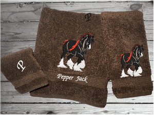Brown bath towel set or individual towels, Clydesdale design is the perfect design for the western living family, that enjoys a team of horses pulling a wagon, that farmhouse decor. This Luxury western theme towel set of 3 towels 1 bath towel, 1 hand towel, 1 wash cloth. Personalize the towel set with a name and initial Borgmanns Creations 1