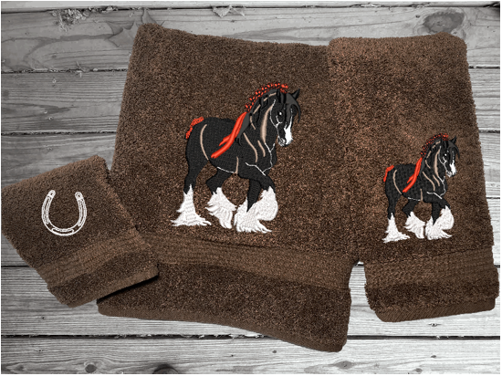 Brown bath towel set or individual towels, Clydesdale design is the perfect design for the western living family, that enjoys a team of horses pulling a wagon, that farmhouse decor. This Luxury western theme towel set of 3 towels 1 bath towel 27" x 55", 1 hand towel 16" x 27", 1 wash cloth 13" x 13". Personalize the bath towel towel with a name and initialon the washcloth Borgmanns Creations