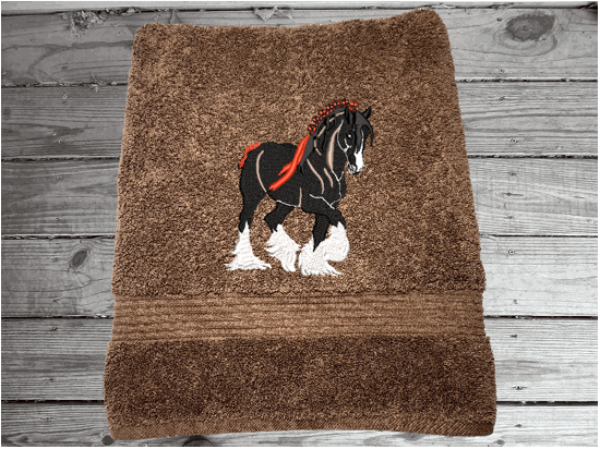 Brown bath towel , Clydesdale design is the perfect design for the western living family, that enjoys a team of horses pulling a wagon, that farmhouse decor. This Luxury western theme towel set of 3 towels 1 bath towel 27" x 55", 1 hand towel 16" x 27", 1 wash cloth 13" x 13". Personalize the bath towel towel with a name and initialon the washcloth Borgmanns Creations