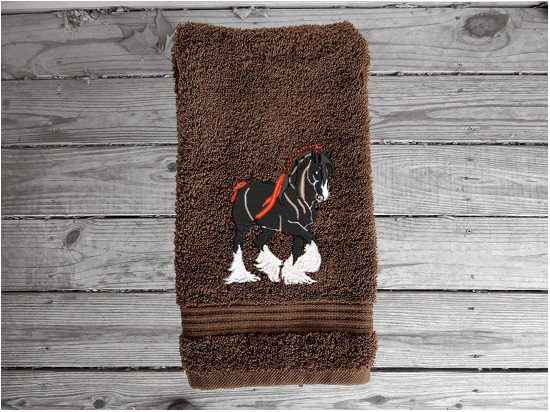 Brown hand towel, Clydesdale design is the perfect design for the western living family, that enjoys a team of horses pulling a wagon, that farmhouse decor. This Luxury western theme towel set of 3 towels 1 bath towel 27" x 55", 1 hand towel 16" x 27", 1 wash cloth 13" x 13". Personalize the bath towel towel with a name and initialon the washcloth Borgmanns Creations