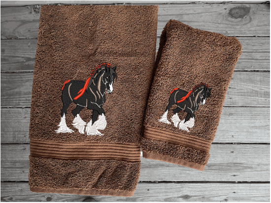 Brown bath towel and hand towel, Clydesdale design is the perfect design for the western living family, that enjoys a team of horses pulling a wagon, that farmhouse decor. This Luxury western theme towel set of 3 towels 1 bath towel 27" x 55", 1 hand towel 16" x 27", 1 wash cloth 13" x 13". Personalize the bath towel towel with a name and initialon the washcloth Borgmanns Creations