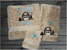 Load image into Gallery viewer, Beige bath towel set, or individual towels embroidered design of a barn at Christmas time is perfect for for that farmhouse decor. This Luxury soft and absorbent bathroom towel set of 3 towels 1 bath towel 27&quot; x 50&quot;, 1 hand towel 16&quot; x27&quot;, 1 wash cloth 13&quot; x 13&quot;. Housewarming, best friend, or family gift. Borgmanns Creations 1
