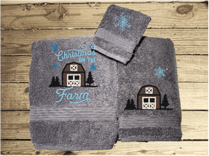 Gray bath towel set, or individual towels embroidered design of a barn at Christmas time is perfect for the country living family, for that farmhouse decor. This Luxury soft and absorbent western theme towel set of 3 towels 1 bath towel 27" x 50", 1 hand towel 16" x27", 1 wash cloth 13" x 13".  Borgmanns Creations 1