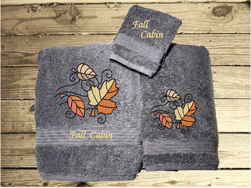 Gray bath towel set or individual towels, Luxury Turkish towels embroidered with Fall leaves gives an outdoor feeling for your bathroom decor. Luxury towels 1 bath towel 27