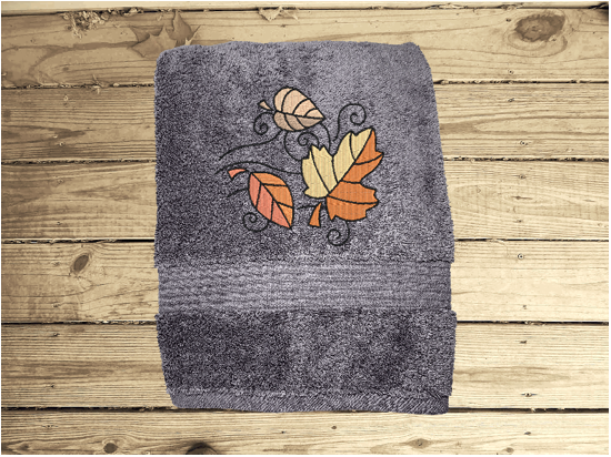Bath Towel Set -Or Individual Embroidered Fall Leaves On Gray Towel