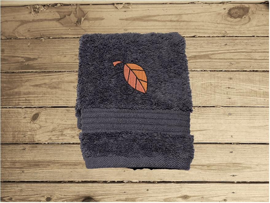 Bath Towel Set -Or Individual Embroidered Fall Leaves On Gray Towel