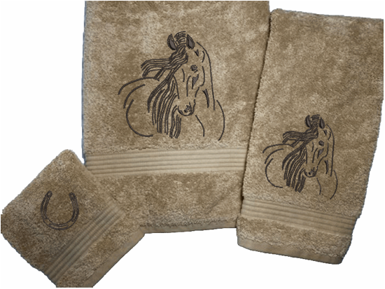Beige bath towel set or individual towels, horse art design is the perfect design for the western living family, that farmhouse decor. This Luxury western theme towel set of 3 towels 1 bath towel 27" x 50", 1 hand towel 16" x27", 1 wash cloth 13" x 13". You can personalize the towel set with a name on the bath towel and an initial on the wash cloth or just the designs.- Borgmanns Creations