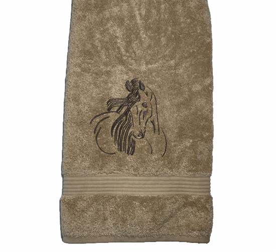 Beige bath towel, horse art design is the perfect design for the western living family, that farmhouse decor. This Luxury western theme towel set of 3 towels 1 bath towel 27" x 50", 1 hand towel 16" x27", 1 wash cloth 13" x 13". You can personalize the towel set with a name on the bath towel and an initial on the wash cloth or just the designs.- Borgmanns Creations